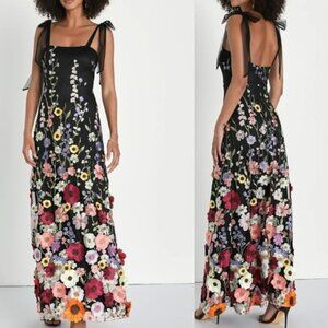 Lulus Black - 3D Floral Embroidered Tie-Strap Maxi Dress - NWOT - M - S118